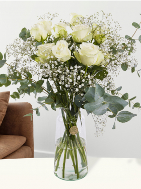White rose bouquet with gypsophila and eucalyptus