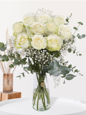White rose bouquet with gypsophila and eucalyptus