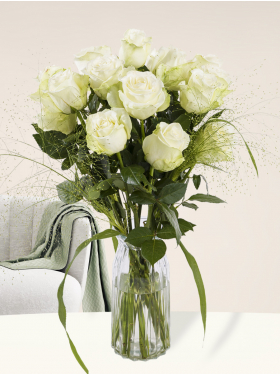 White rose bouquet + panicum + vase