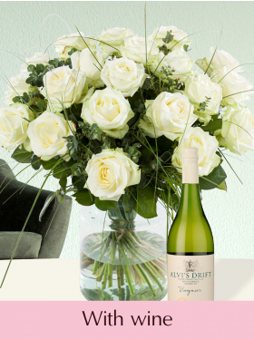 White rose bouquet with white viognier wine