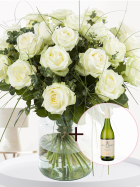 White rose bouquet + free Viognier white wine