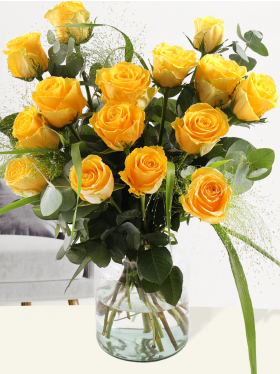 Yellow rose bouquet with panicum and eucalyptus