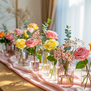 Colourful table decorations with roses Colourful table decorations with roses