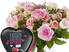 Pink rose bouquet with chocolates